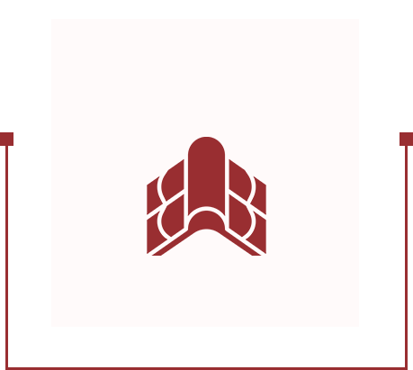 Red, abstract book-like symbol on a white background, centered within a square with red border accents.