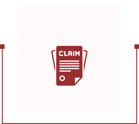Red icon of a document labeled "CLAIM" with text lines and a folded corner, centered on a light background.