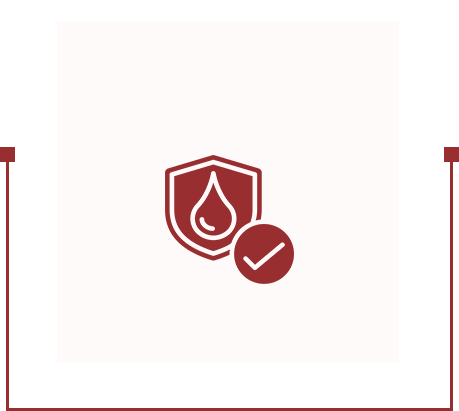 A red icon showing a shield with a water droplet and a checkmark circle on the right.