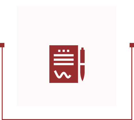 A red icon of a notepad with text lines and a squiggly line next to a pen, on a light background.