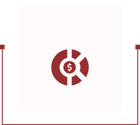 Red pie chart icon with a dollar sign in the center on a light background.