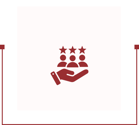 A red icon of an open hand holding three people figures with stars above their heads, symbolizing service excellence, on a light background.